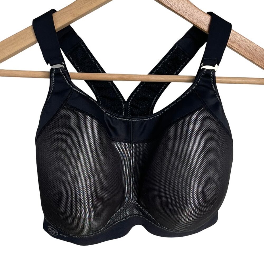 ANITA Sports Bra Black Silver Support, Front Closure F or G Cup, 32 or 34 Waist
